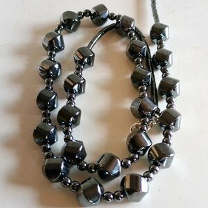 VINTAGE BLACK FACETED CARVED  HEMATITE NECKLACE 24" LONG